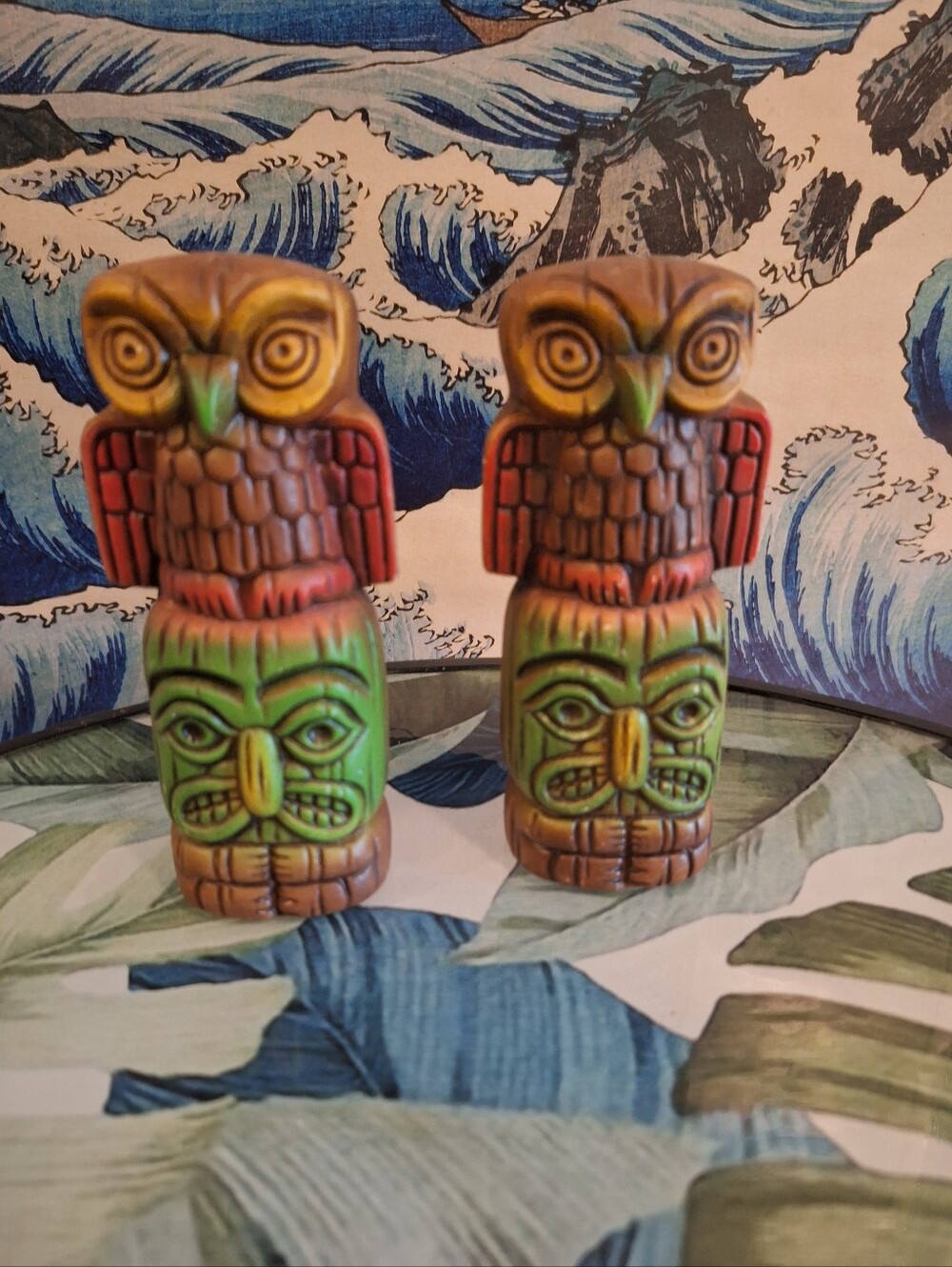 Vintage Hand-Painted Owl & Tiki S&P Pair in Red and Green